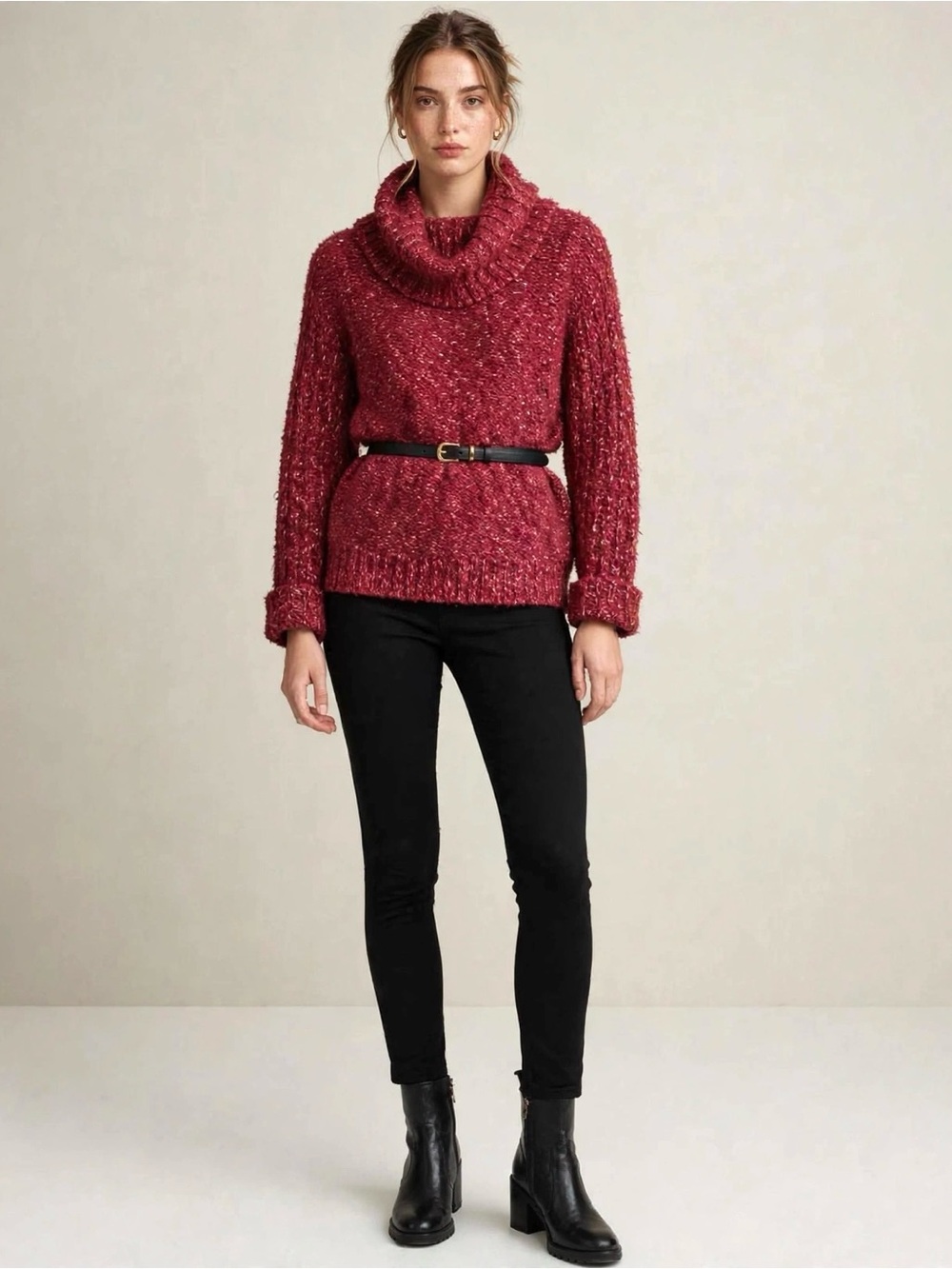 kenzie Burgundy Red Marl Cowl Neck Sweater - Size M